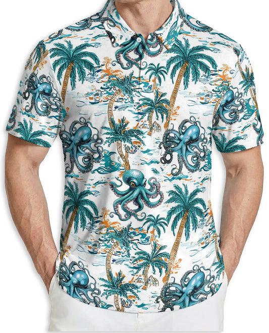 Tropical Octopus 3D Polo Shirt for Men – Ocean Palm Tree Beach Style | Netecom