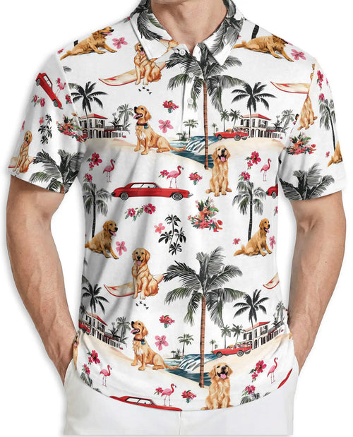 Golden Retriever Tropical 3D Polo Shirt for Men – Beach Vacation Island Style | Netecom