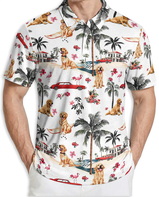 Golden Retriever Tropical 3D Polo Shirt for Men – Beach Vacation Island Style | Netecom