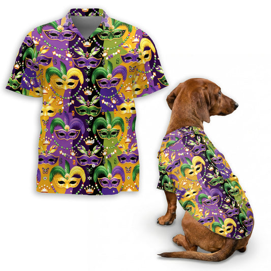 Netecom Matching Mardi Gras Mask Aloha Hawaiian Shirt for Dog and Owner, Colorful Festival Summer Shirt, Casual Button Down Wear for Pet and Human, Beach Vacation Outfit