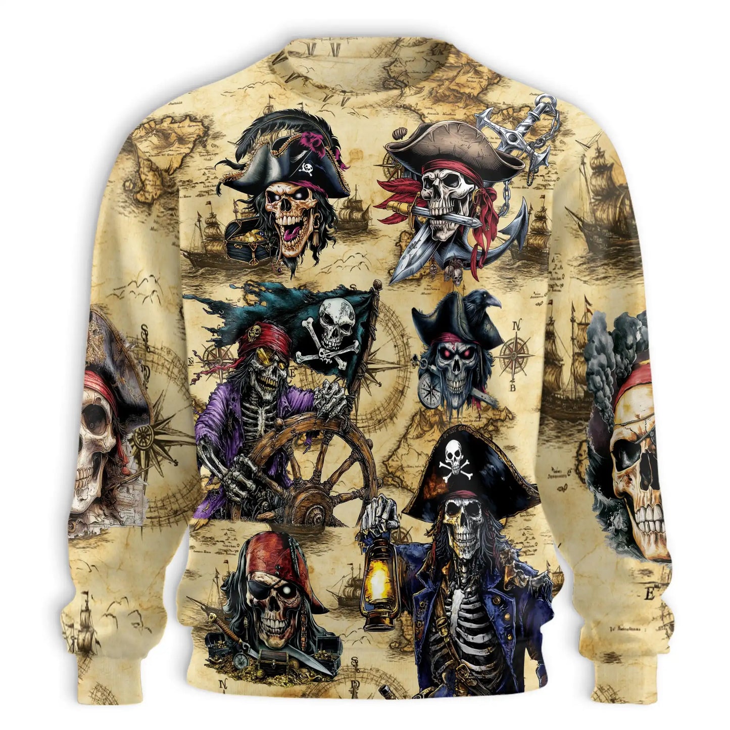 Vintage Pirate Map and Skulls Sweatshirt, 3D All Over Print Nautical Treasure Crewneck Pullover for Men Women, Pirate Lover Gift - Netecom