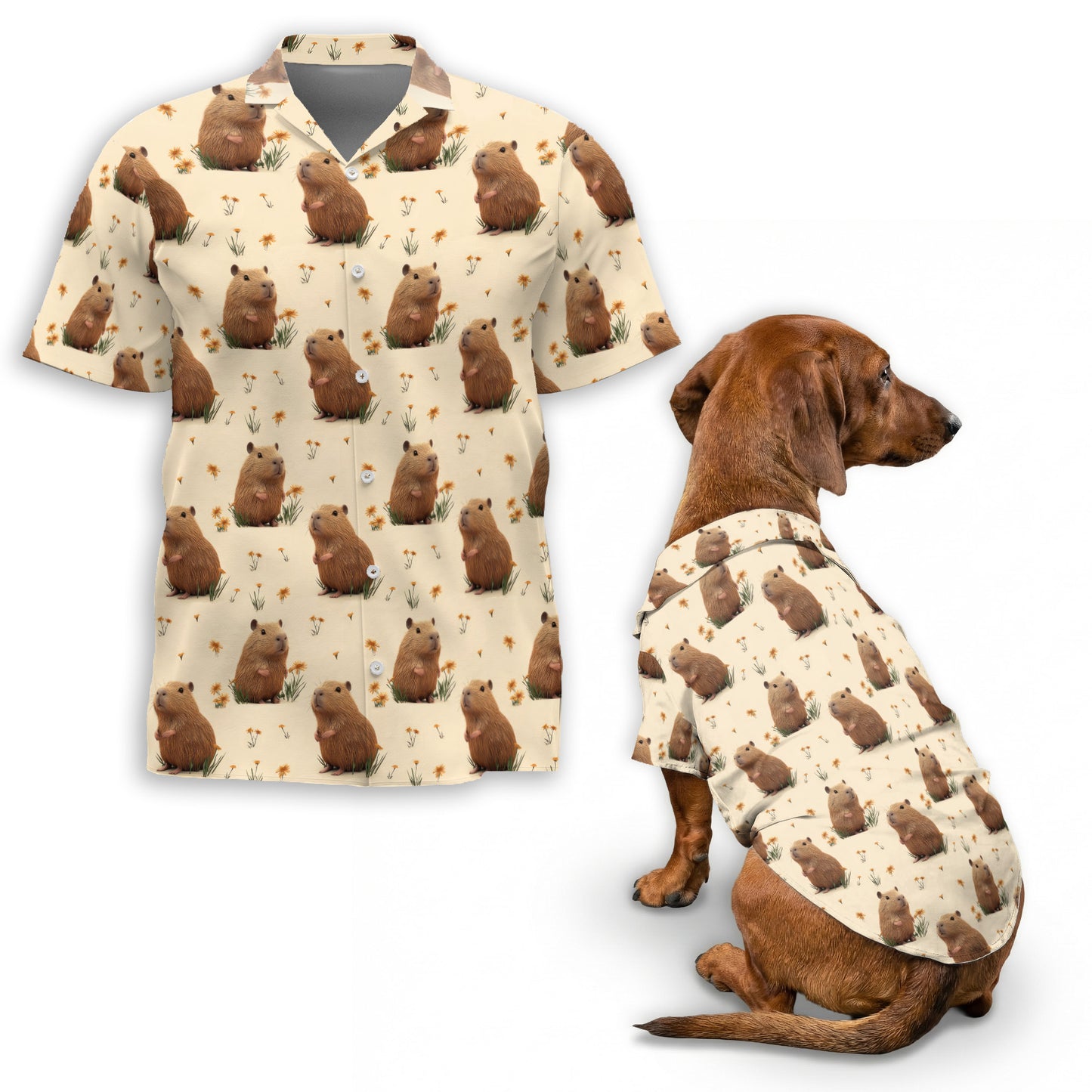 Netecom Matching Capybara Hawaiian Shirt for Dog and Owner, Aloha Summer Shirt, Capybara Print Button Down Outfit for Pet and Human, Beach Vacation Casual Wear