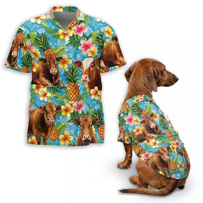 Netecom Matching Red Angus Cattle Hawaiian Shirt for Dog and Owner, Pineapple Aloha Summer Shirt, Cattle Lover Print Outfit for Pet and Human, Beach Vacation Casual Wear