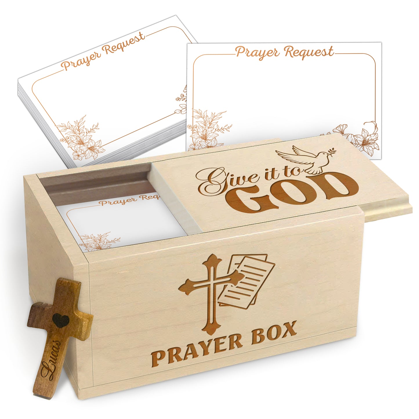 Netecom Personalized Wooden Prayer Box with 100 Prayer Request Cards & Custom Name Cross – Meaningful Religious Gift for Faith and Reflection