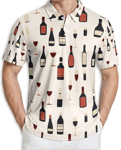 Wine Bottle Pattern 3D Polo Shirt for Men – Minimalist Vineyard Style | Netecom