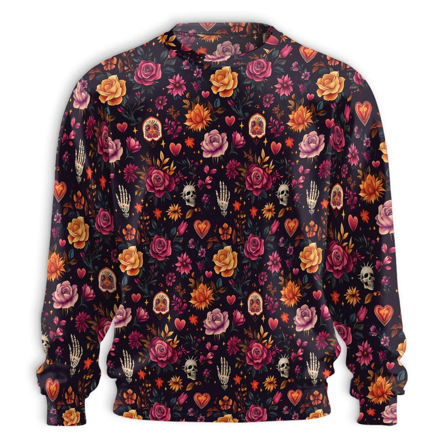 Skull and Hand Bones Floral Pattern Sweatshirt, 3D All Over Print Gothic Flower Crewneck Pullover for Men Women, Skull Art Lover Gift - Netecom