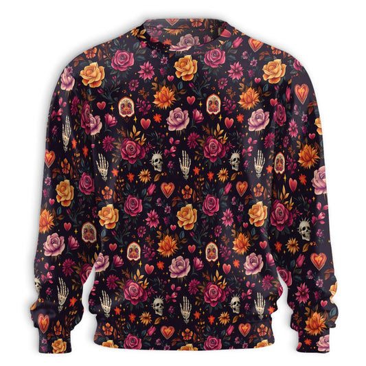 Skull and Hand Bones Floral Pattern Sweatshirt, 3D All Over Print Gothic Flower Crewneck Pullover for Men Women, Skull Art Lover Gift - Netecom