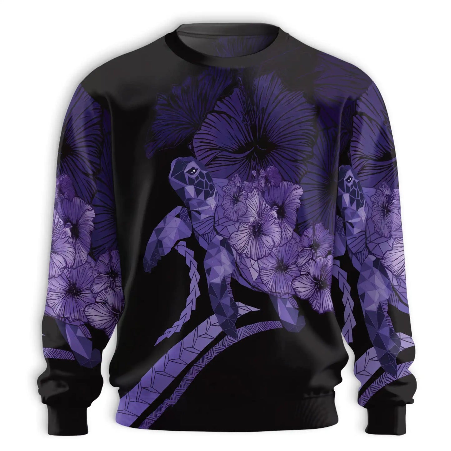 Polynesian Sea Turtle Flower Purple Sweatshirt, 3D All Over Print Tropical Tribal Crewneck Pullover for Men Women, Sea Turtle Lover Gift - Netecom