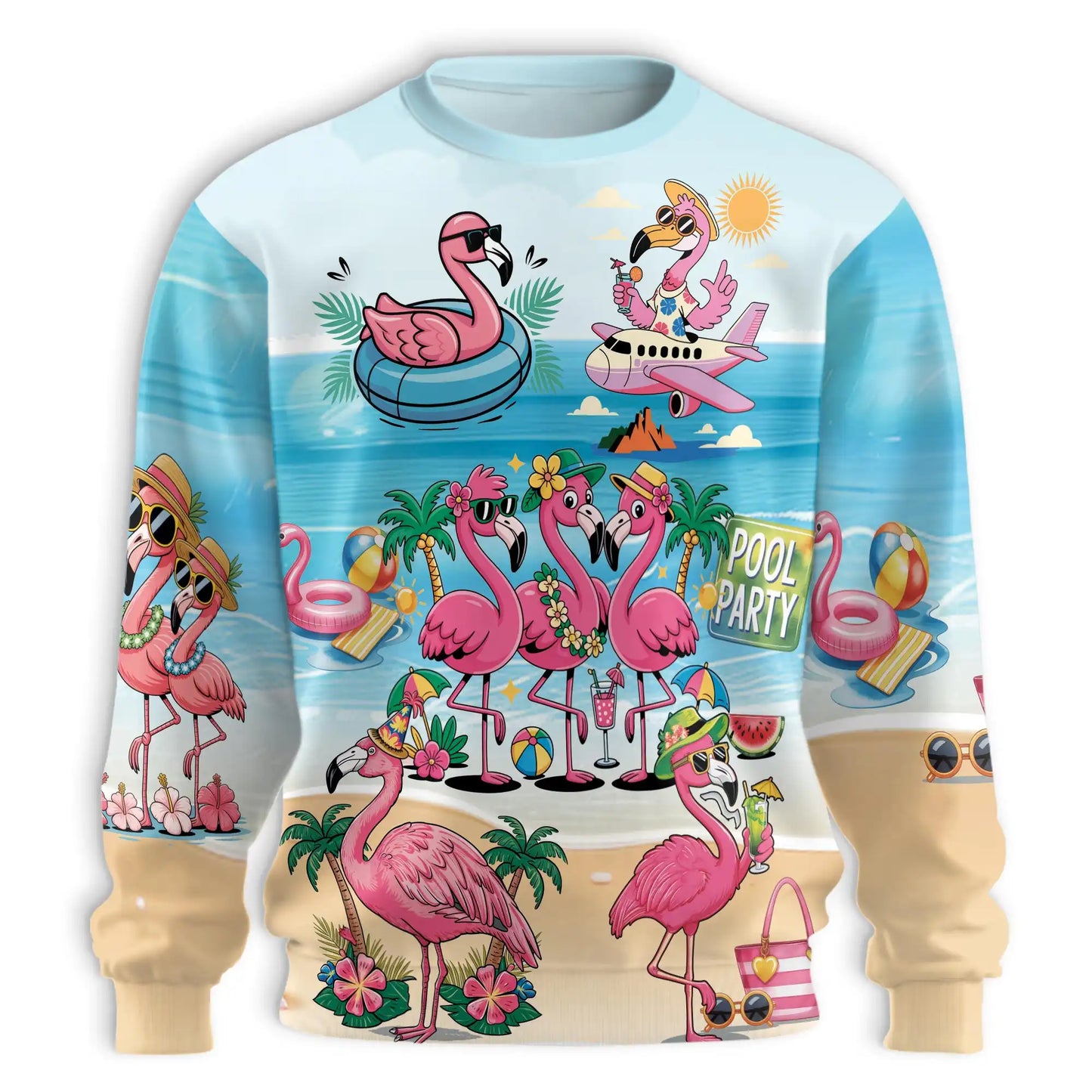 Flamingo Cocktails Beach Sweatshirt, 3D All Over Print Tropical Summer Crewneck Pullover for Men Women, Flamingo Lover Gift - Netecom