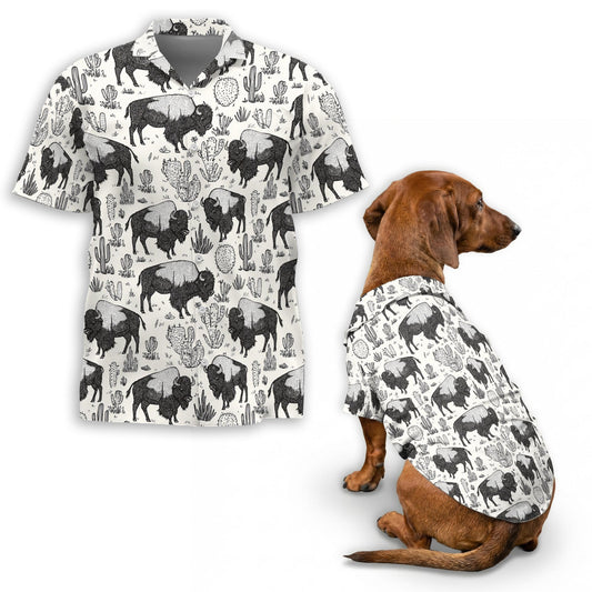 Netecom Matching Bison Theme Hawaiian Shirt for Pet and Owner, Aloha Summer Shirt, Bison Animal Print Outfit for Dog and Human, Casual Summer Beach Wear