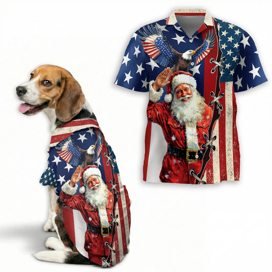Patriotic American Christmas Santa Print Hawaii Dog and Owner Matching Shirts
