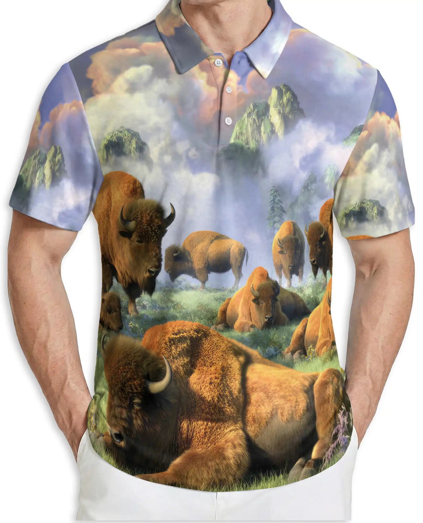 Mystical Bison Polo Shirt for Men – Majestic Wildlife Landscape | Netecom