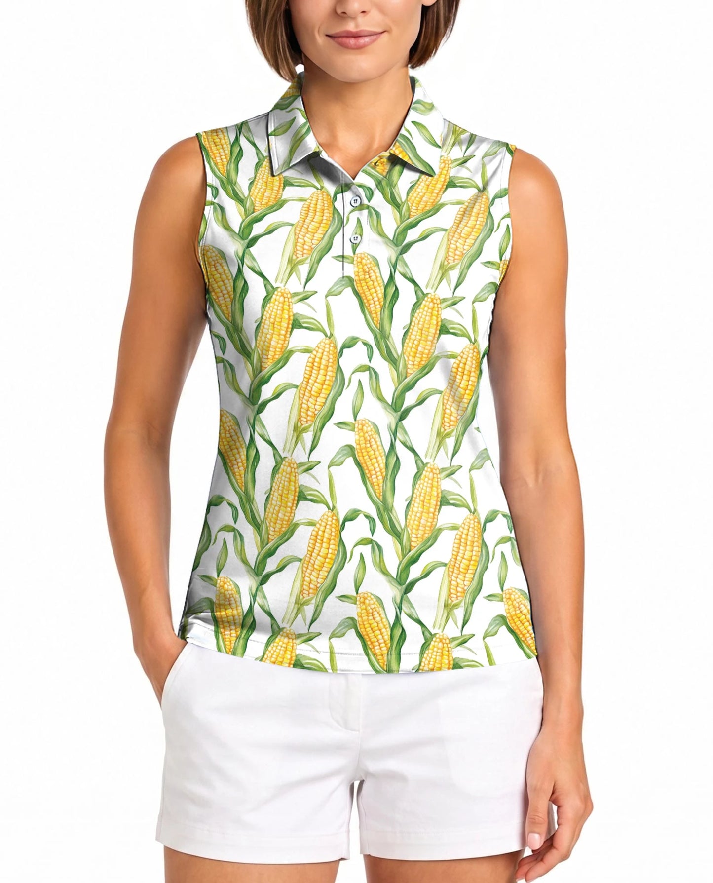 Fresh Corn Cob Pattern Sleeveless Polo Shirt for Women | Netecom