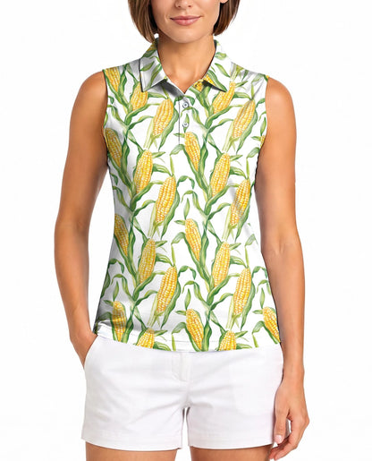Fresh Corn Cob Pattern Sleeveless Polo Shirt for Women | Netecom