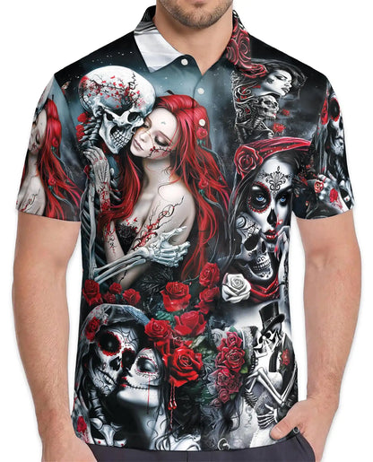 Day of the Dead Sugar Skull Polo Shirt for Men – Gothic Skeleton Roses | Netecom
