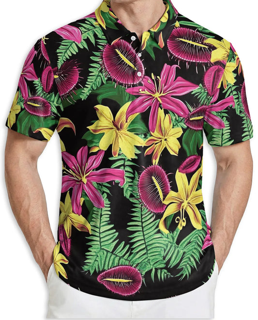 Tropical Floral 3D Polo Shirt for Men – Exotic Jungle Flower Style | Netecom