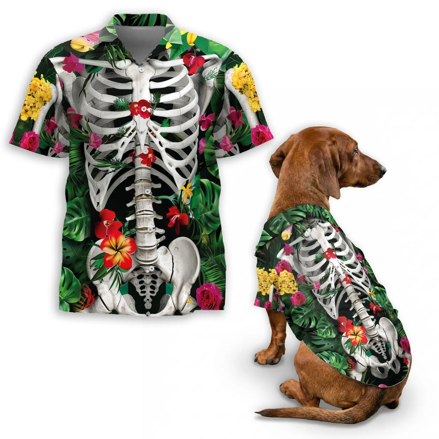 Matching Dog and Owner Skeleton Hawaiian Shirts – Spooky Floral Tropical Beach Outfit