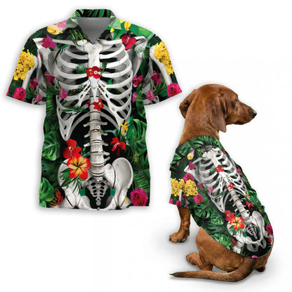 Matching Dog and Owner Skeleton Hawaiian Shirts – Spooky Floral Tropical Beach Outfit