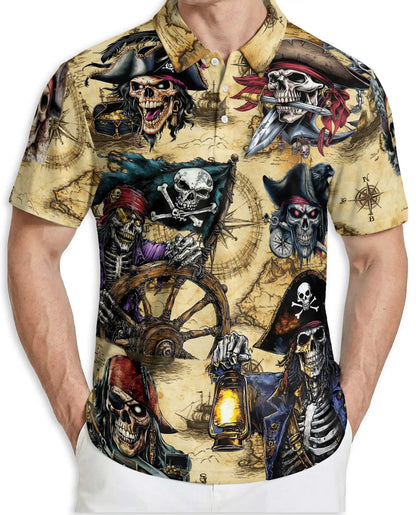 Vintage Pirate Skeleton Polo Shirt-Skull Captain Treasure Map Design | Netecom