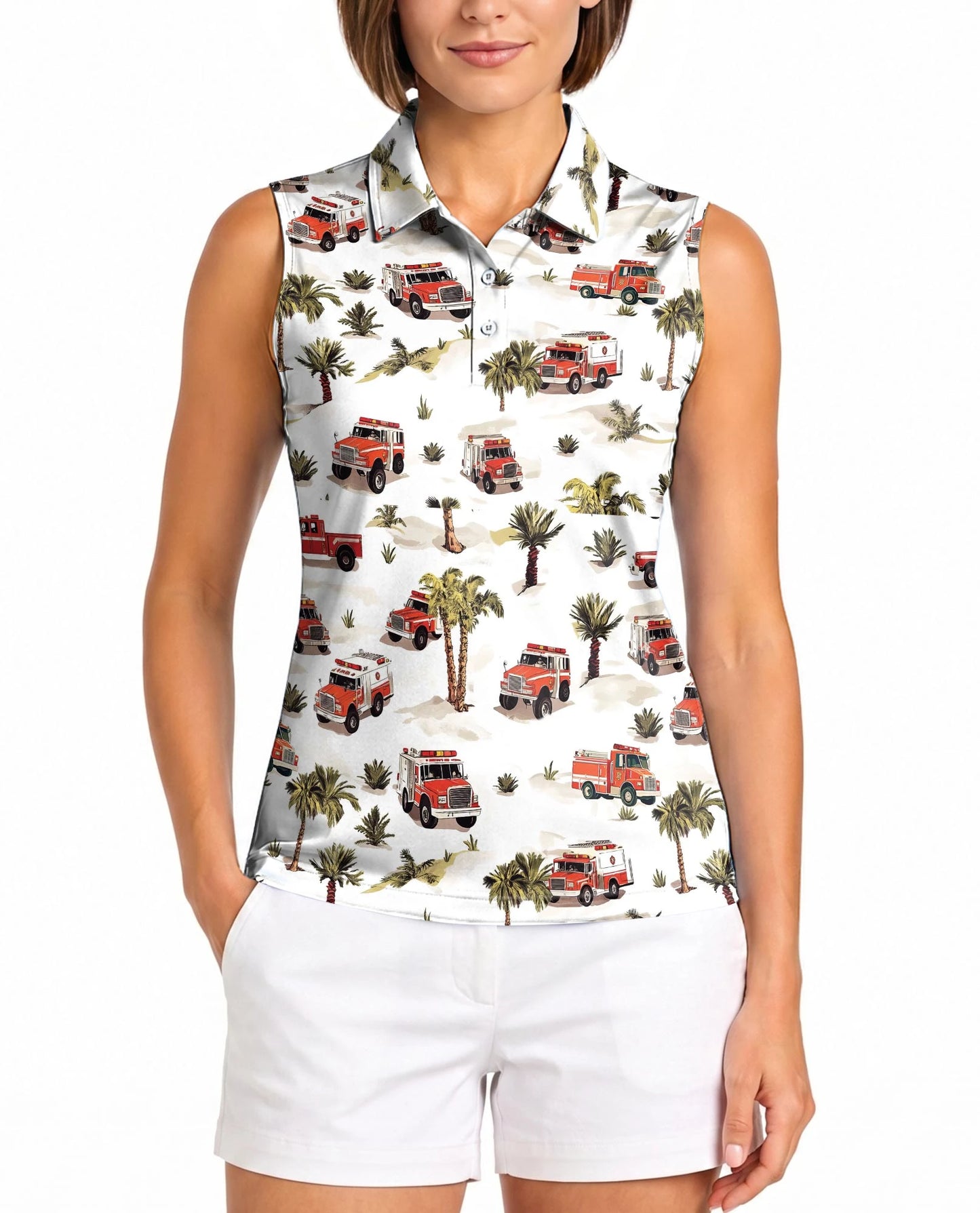 Fire Truck Firefighter Sleeveless Polo Shirt for Women | Netecom