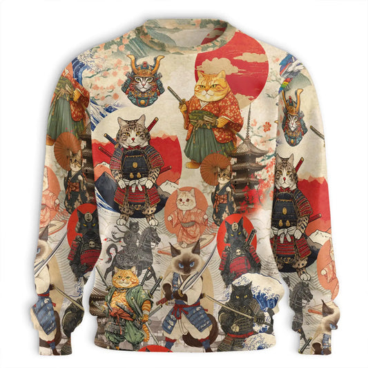 Japanese Samurai Cat Sweatshirt, 3D All Over Print Warrior Cat Crewneck Pullover for Men Women, Cat Lover Gift - Netecom