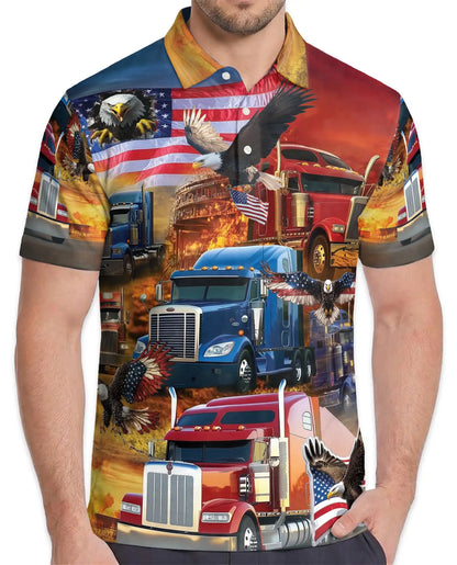 Patriotic Trucker Polo Shirt - American Flag Eagle Semi Truck Design | Netecom