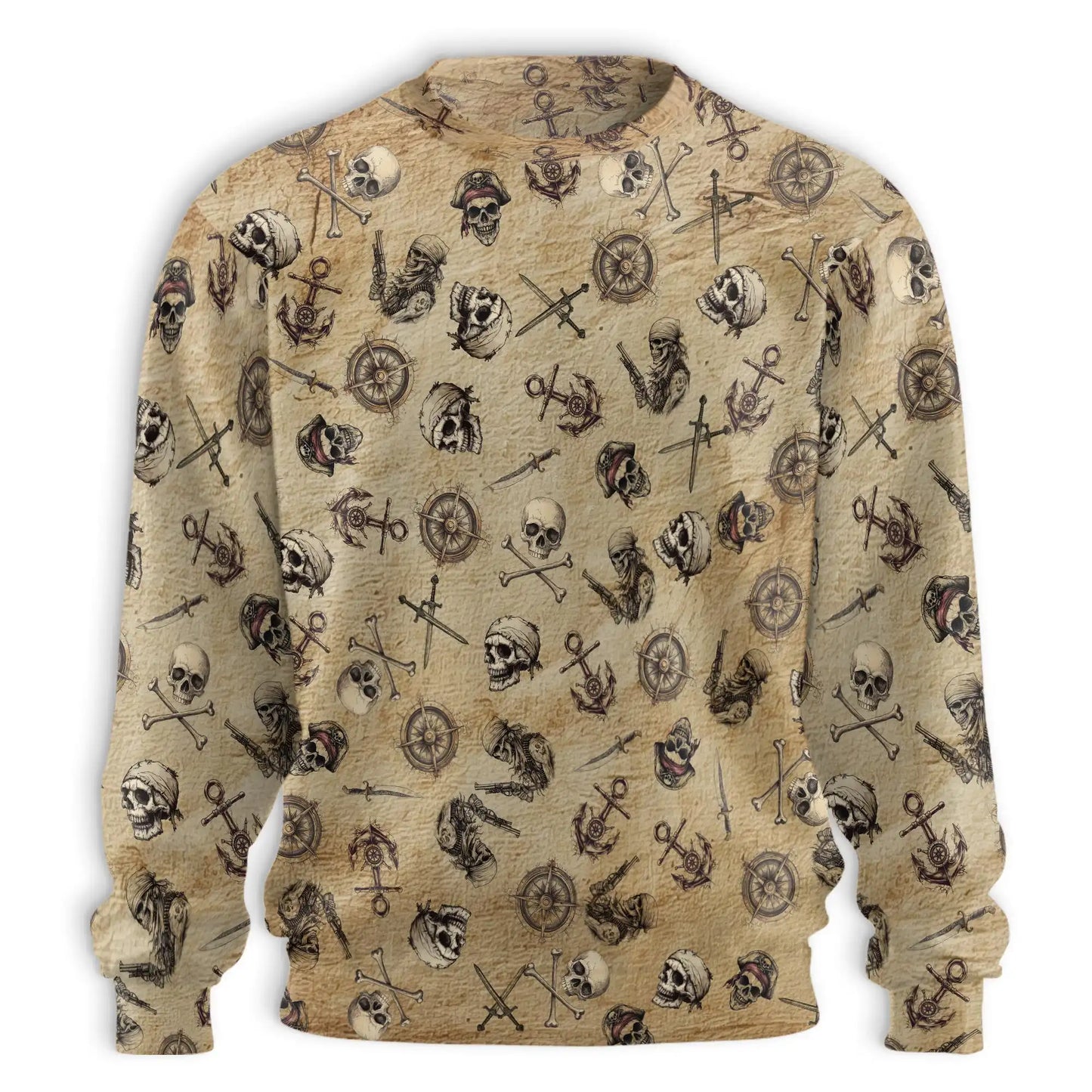 Pirate Skull Print Polyester Sweatshirt, 3D All Over Print Nautical Skull Crewneck Pullover for Men Women, Pirate Lover Gift - Netecom