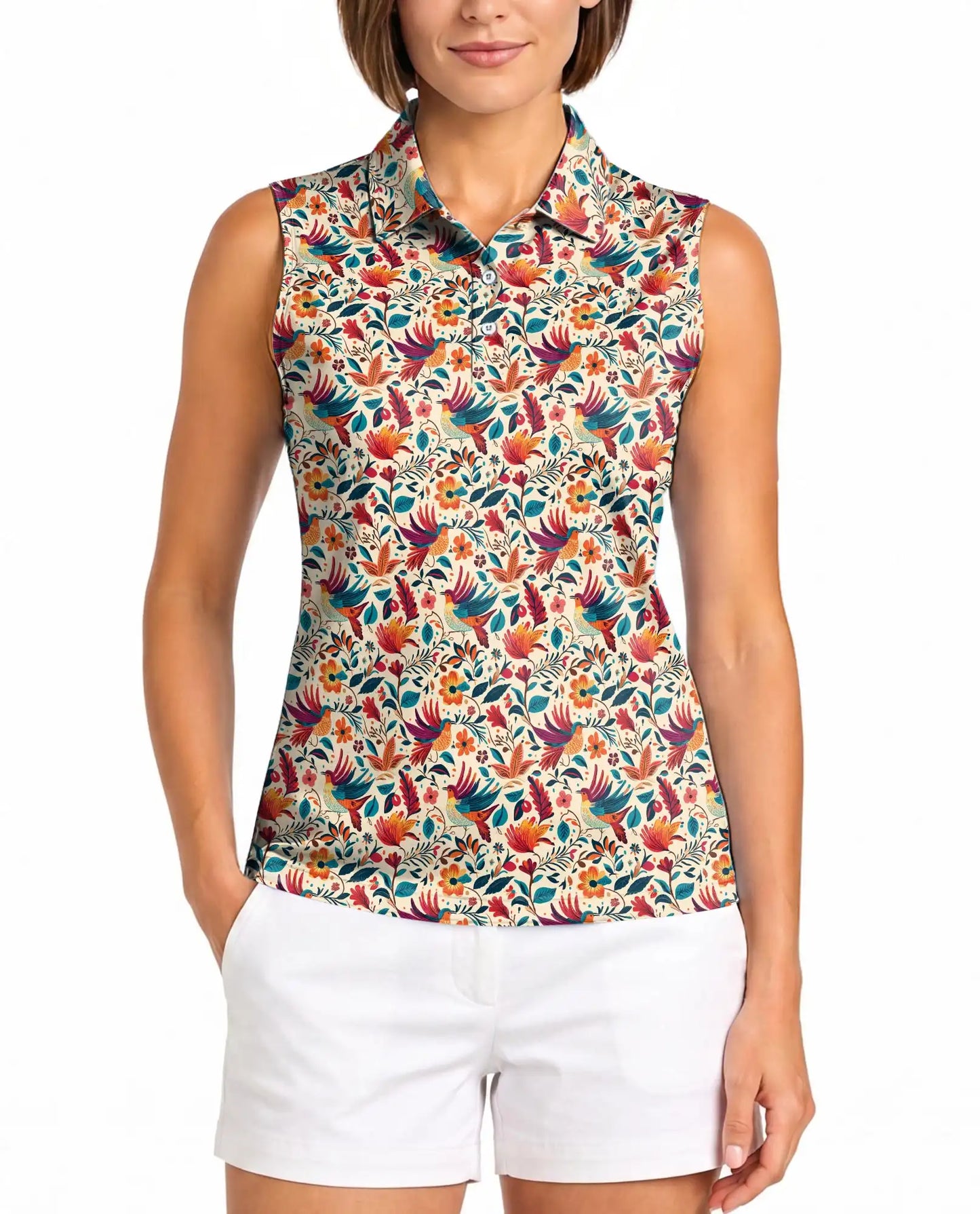 Vintage Chintz Bird Floral Sleeveless Polo Shirt for Women | Netecom