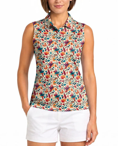 Vintage Chintz Bird Floral Sleeveless Polo Shirt for Women | Netecom