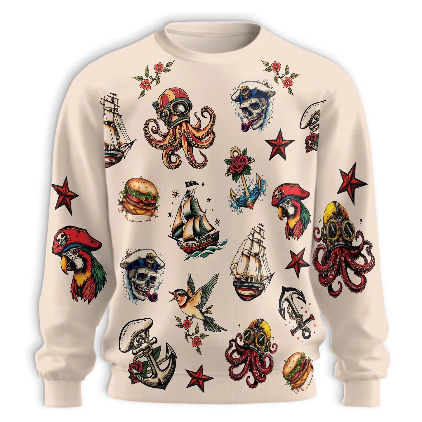 Summer Tattoos Sweatshirt, 3D All Over Print Tattoo Art Crewneck Pullover for Men Women, Tattoo Lover Gift - Netecom