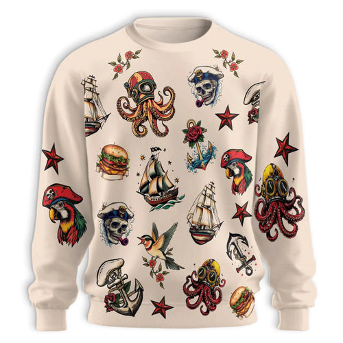 Summer Tattoos Sweatshirt, 3D All Over Print Tattoo Art Crewneck Pullover for Men Women, Tattoo Lover Gift - Netecom