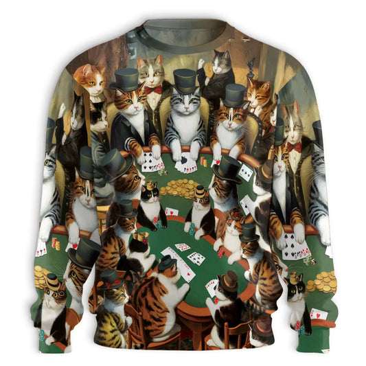 Cool Cats Gambling Card Game Sweatshirt, 3D All Over Print Funny Cat Poker Crewneck Pullover for Men Women, Card Game Lover Gift - Netecom