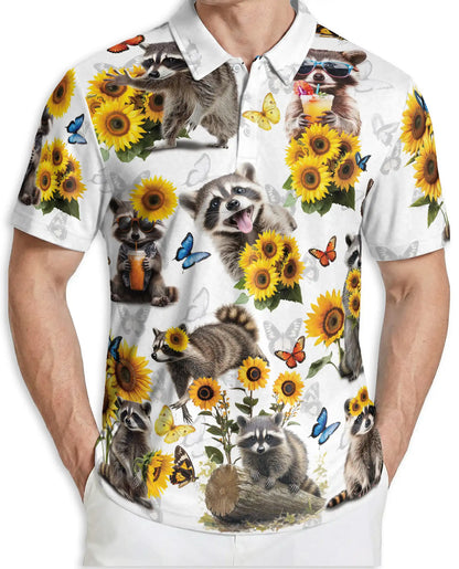 Raccoon Sunflower 3D Polo Shirt for Men – Cute Animal Nature Style | Netecom