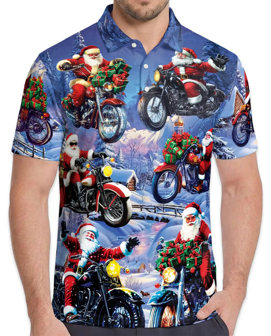 Driving with Santa Claus Polo Shirt for Men – Christmas Holiday Fun | Netecom