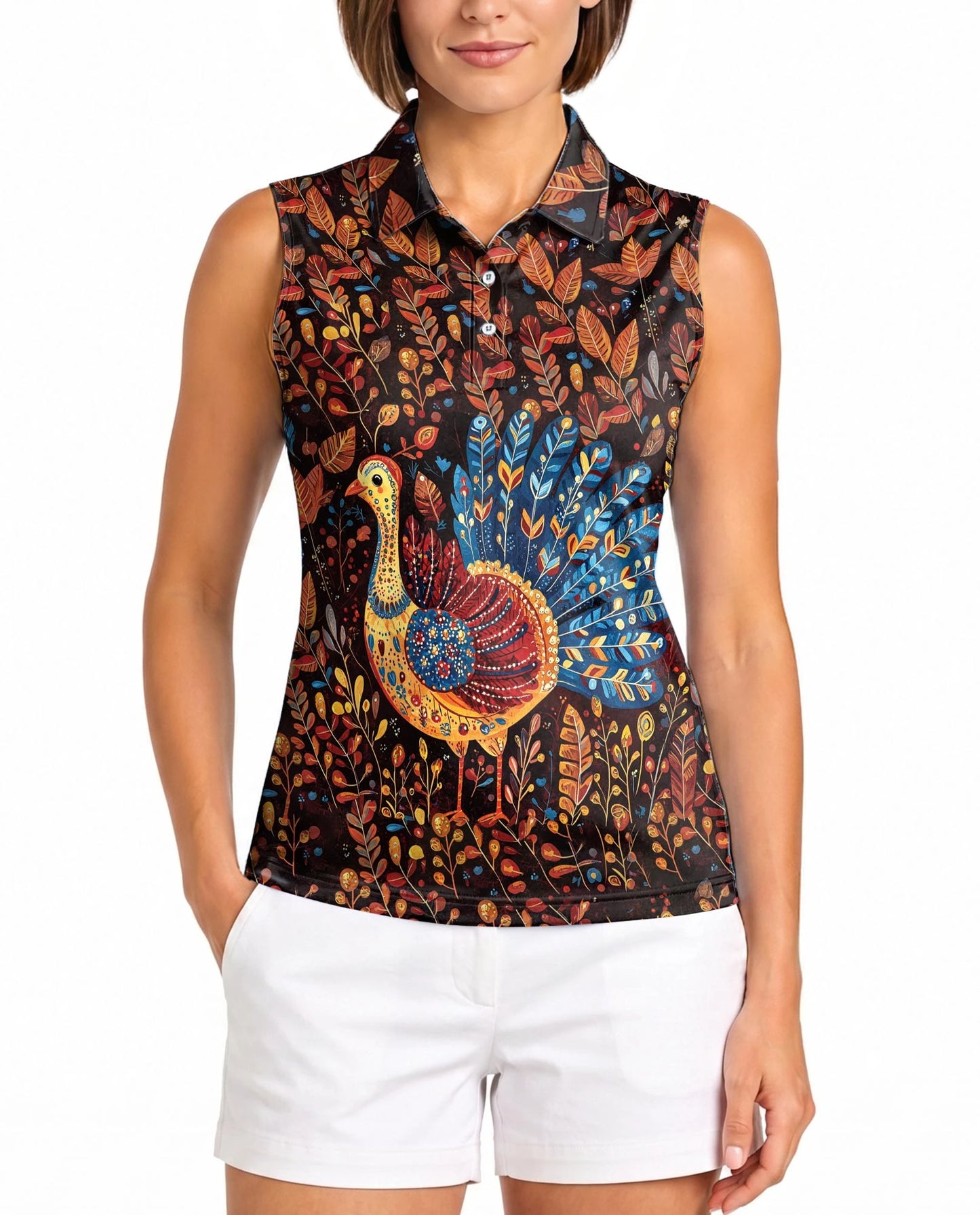 Chicken Thanksgiving Sleeveless Polo Shirt for Women | Netecom