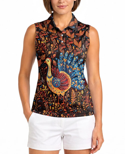 Chicken Thanksgiving Sleeveless Polo Shirt for Women | Netecom