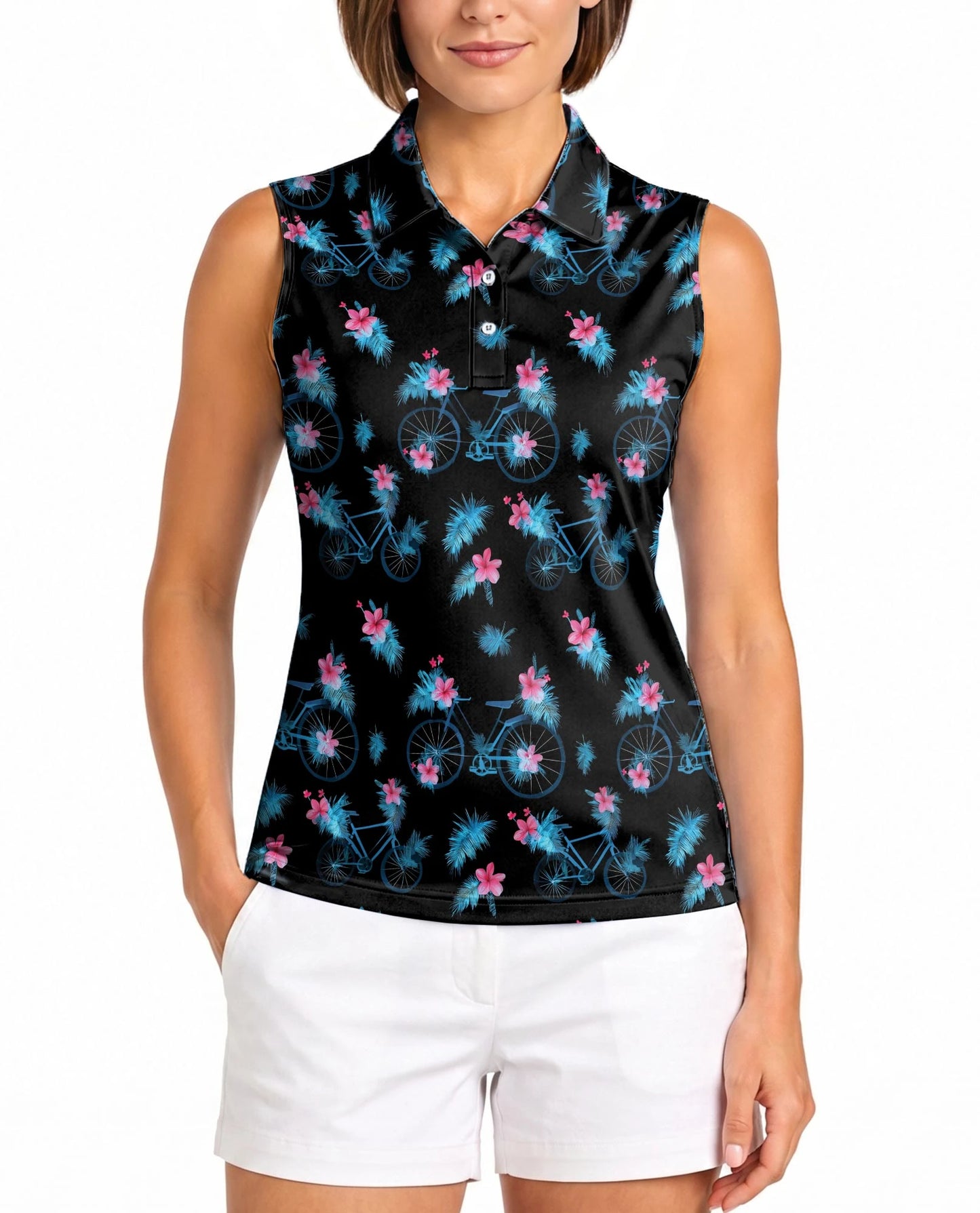 Bicycle Pattern Sleeveless Polo Shirt for Women | Netecom