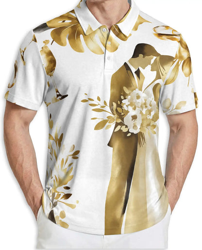 Golden Wedding Couple Polo Shirt For Men-  Bride Groom Print | Netecom