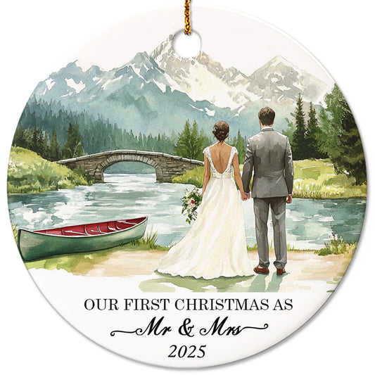 Netecom Elegant First Christmas Married Ornament, Our First Christmas as Mr and Mrs Ceramic Ornaments for Xmas Tree Hanging Decorations Gift, Wedding Gifts for Couples, Holiday Party Present