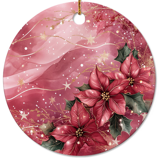 Netecom Elegant Pink Poinsettia Christmas Ornament, Ceramic Flowers Keepsake Ornament for Xmas Tree Decorations, Gifts for Holiday, Party, Home Decor