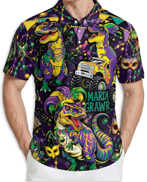 Mardi Grawr Dinosaur Polo Shirt for Men-Funny Mardi Gras T Rex Carnival Party Shirt | Netecom