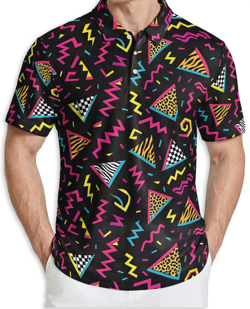 Retro 80s Polo Shirt – Neon Geometric Abstract Pattern | Netecom