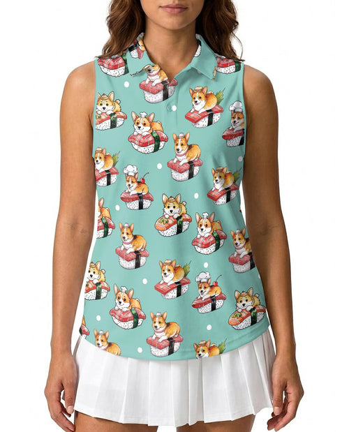 Sushi Corgi Sleeveless Polo Shirt for Women | Netecom