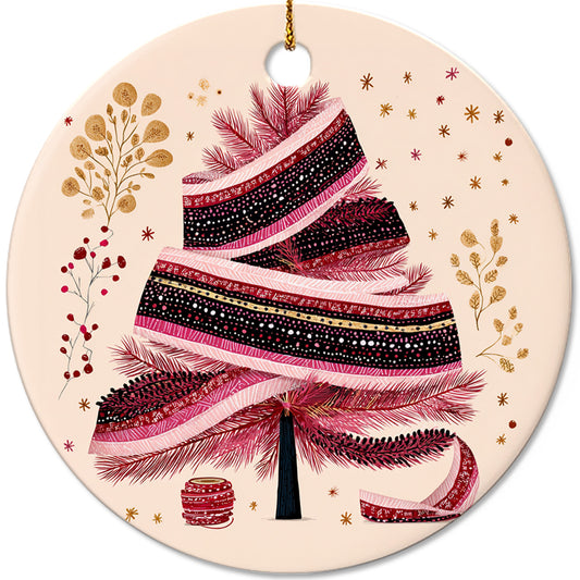 Netecom Elegant Pink Ribbon Christmas Tree Sign Ornament, Merry Christmas Ceramic Ornament for Xmas Tree Hanging Decorations Gift, Gifts for Friends & Family, Holiday Party Present