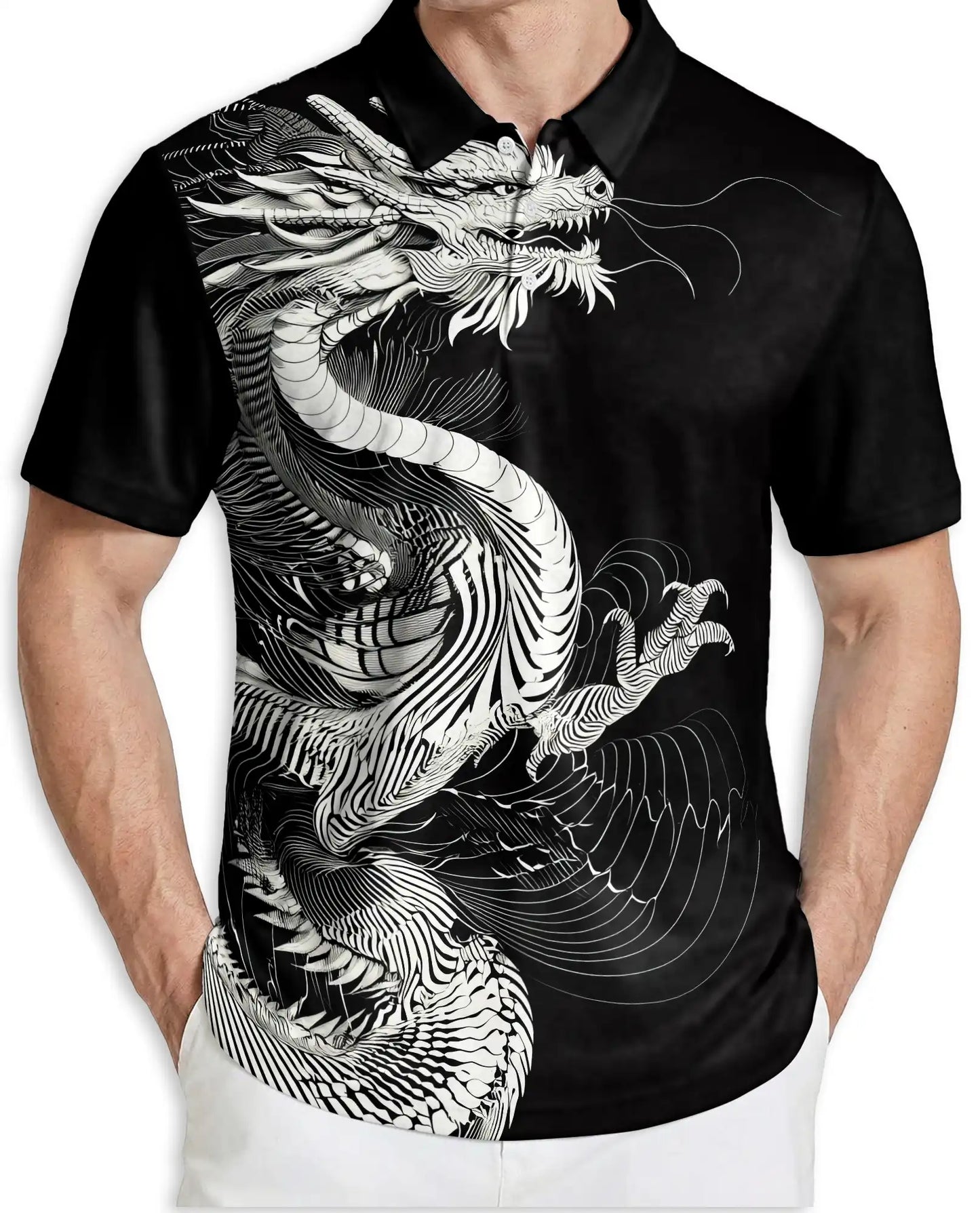 Black White Dragon 3D Polo Shirt for Men – Asian Fantasy Art Style | Netecom