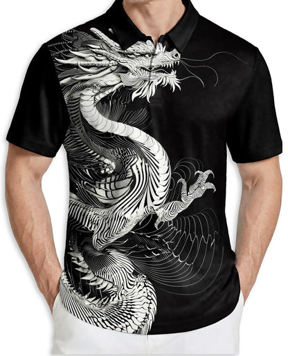 Black White Dragon 3D Polo Shirt for Men – Asian Fantasy Art Style | Netecom