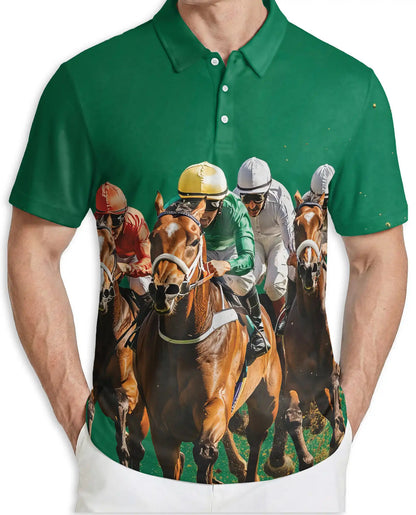 Green Horse Racing 3D Polo Shirt for Men – Jockey Derby Sports Style | Netecom