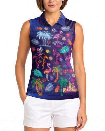 Synthwave Neon Tropical Sleeveless Polo Shirt for Women | Netecom