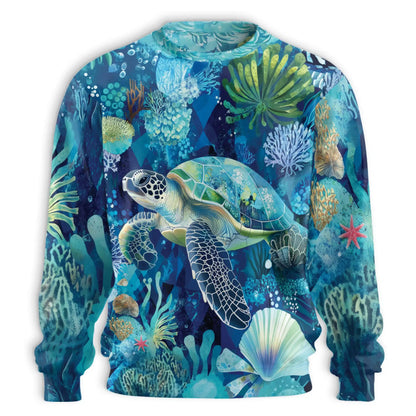 Turtle Coral Sweatshirt, 3D All Over Print Sea Turtle Ocean Reef Crewneck Pullover for Men Women, Turtle Lover Gift - Netecom