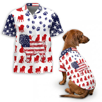 Netecom Matching Pug Flag Hawaiian Shirt for Dog and Owner, Aloha Summer Shirt, Pug Print Button Down Outfit for Pet and Human, Beach Vacation Casual Wear